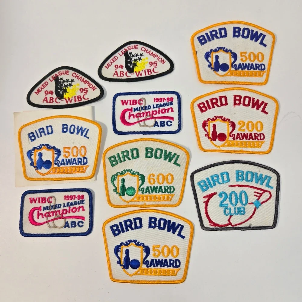 Vintage Bowling Patch Lot Bird Bowl 200 500 600 Award WIBC Champion Mixed League